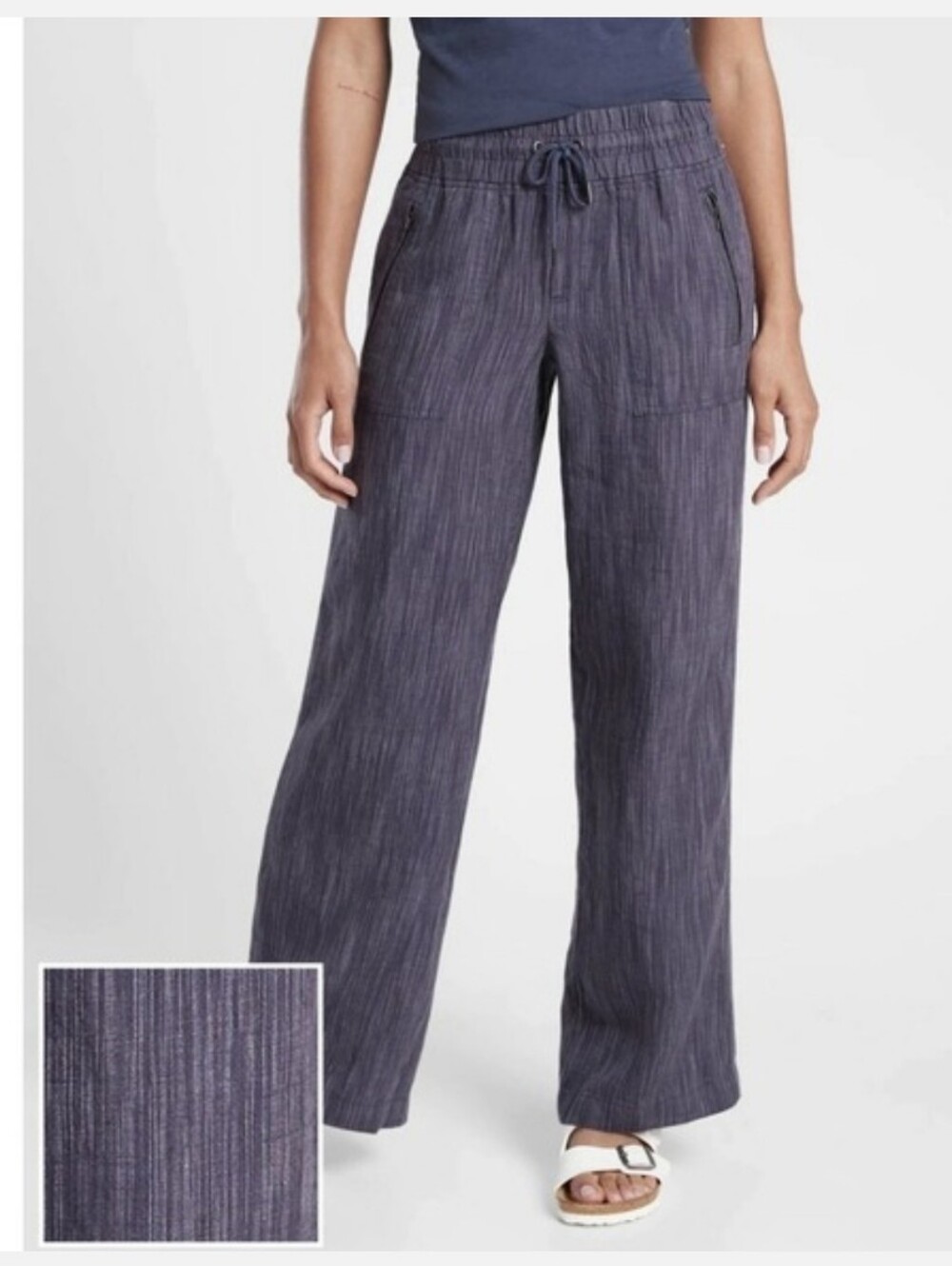 Athleta Retreat Linen Wide Leg Drawstring Pants Size S Tall Blue Pockets